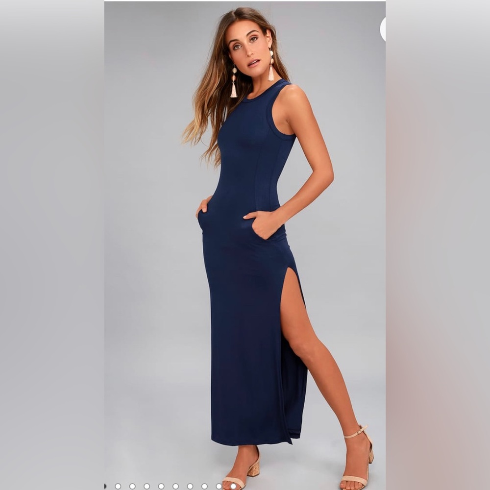 Lulu’s Shield and Sword Navy Blue Sleeveless Maxi Dress With Pockets - medium